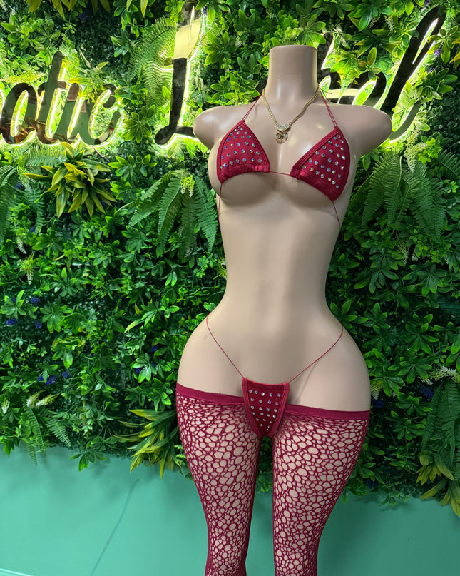 Diamond Girl Microbikini + Outta Control Fishnet Leggings (Wine Red)