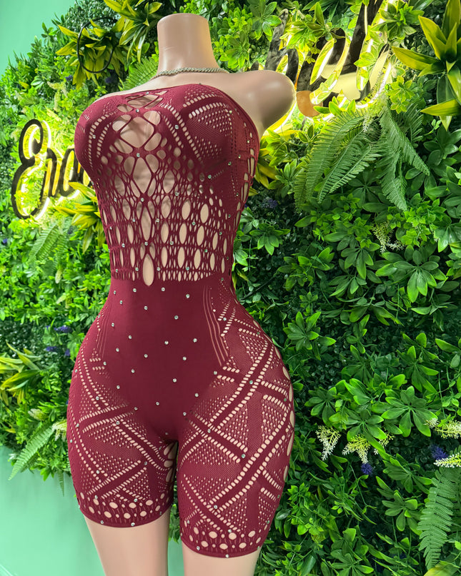 In the Trap- Wine Red Fishnet Romper