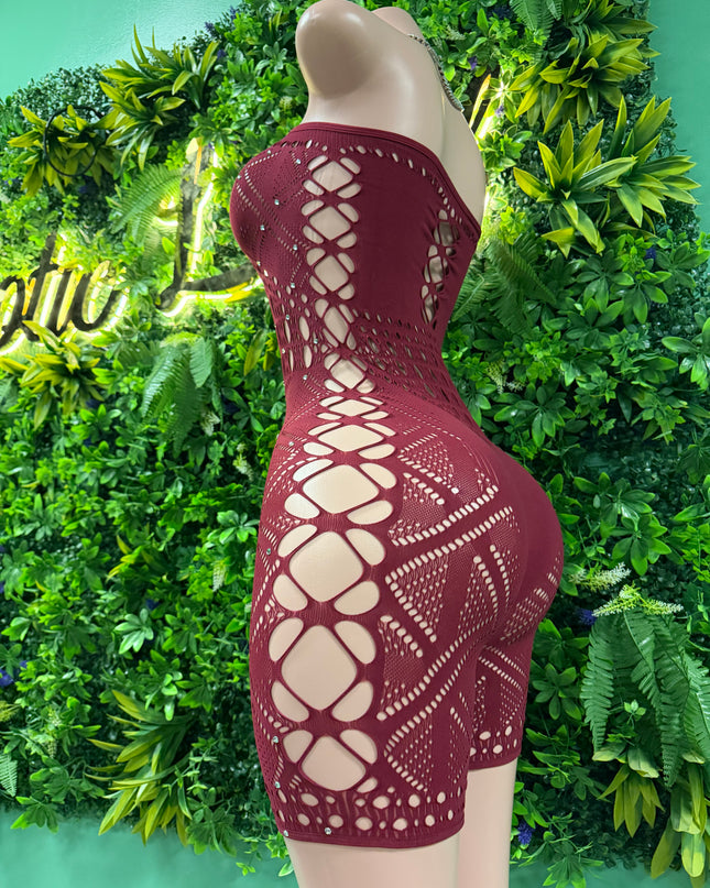 In the Trap- Wine Red Fishnet Romper