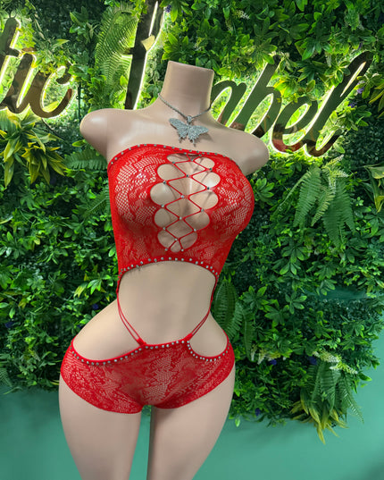 Top Notch- Red Fishnet Romper (o/s)