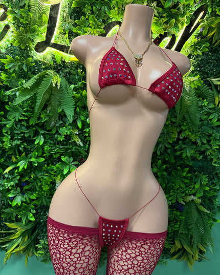 Diamond Girl Microbikini + Outta Control Fishnet Leggings (Wine Red)