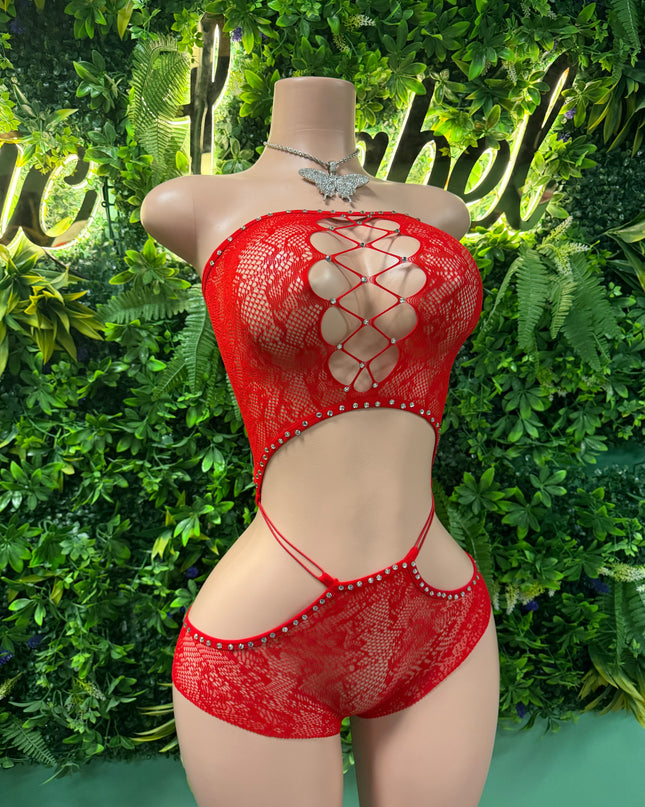 Top Notch- Red Fishnet Romper (o/s)