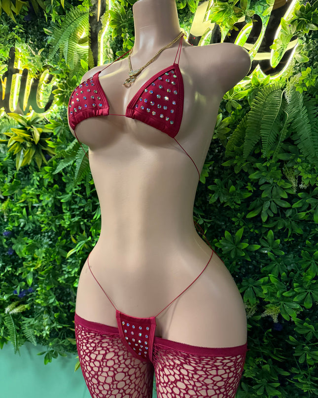 Diamond Girl Microbikini + Outta Control Fishnet Leggings (Wine Red)