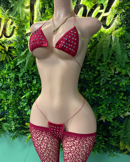Diamond Girl Microbikini + Outta Control Fishnet Leggings (Wine Red)