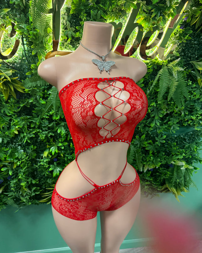Top Notch- Red Fishnet Romper (o/s)