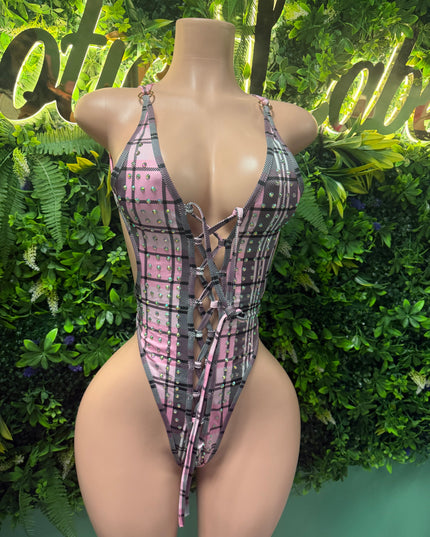 Boss Chick- Backless bodysuit (S-L) PINK PLAID EDITION