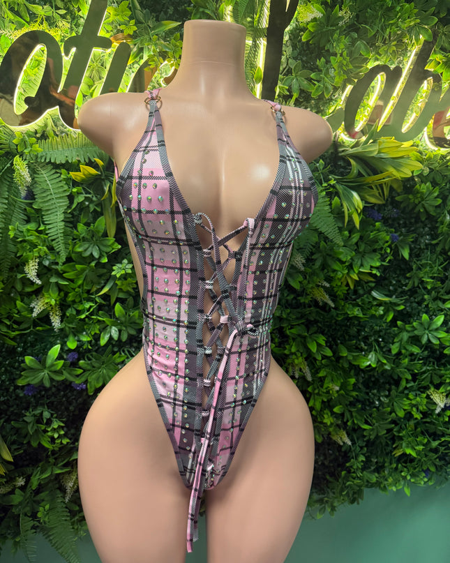 Boss Chick- Backless bodysuit (S-L) PINK PLAID EDITION