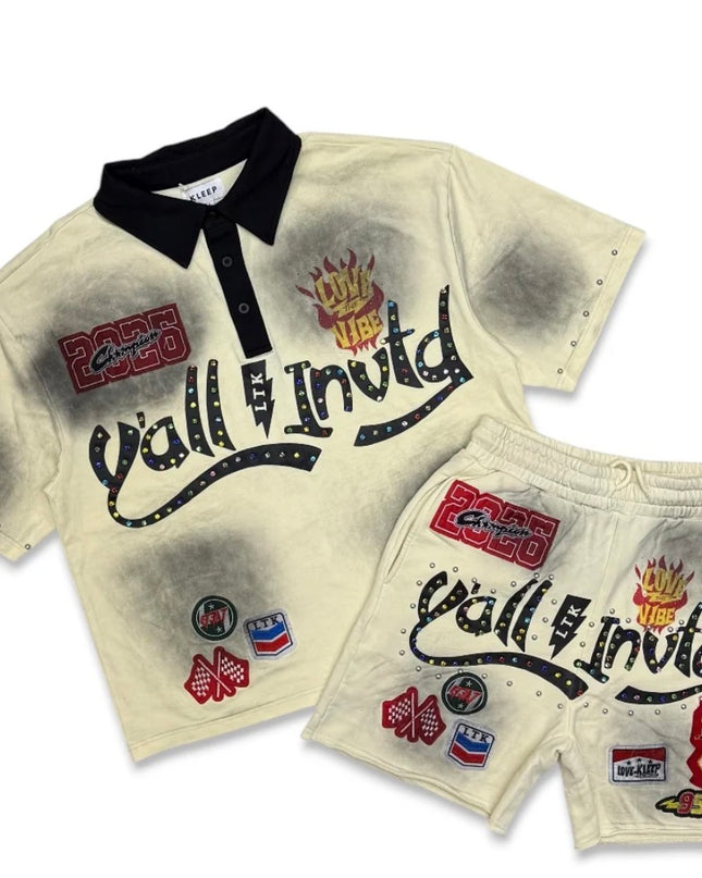 Y’ALL INVTD CRYSTAL STUD POLO SHORT SET CREAM