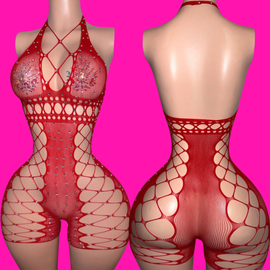 Fave Performer- fishnet Romper (Red)